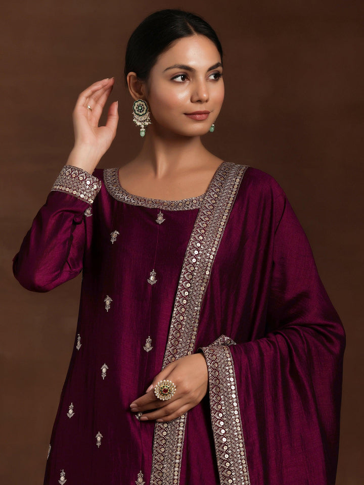 Maroon Embroidered Silk Blend Straight Suit With Dupatta - Libas