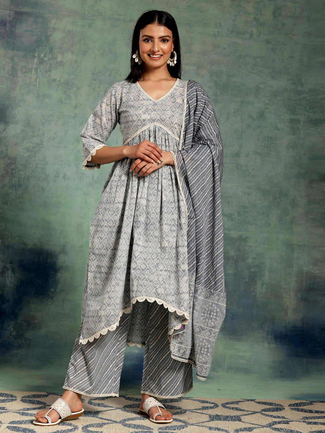 Grey Printed Cotton A-Line Kurta With Palazzos & Dupatta - Libas 