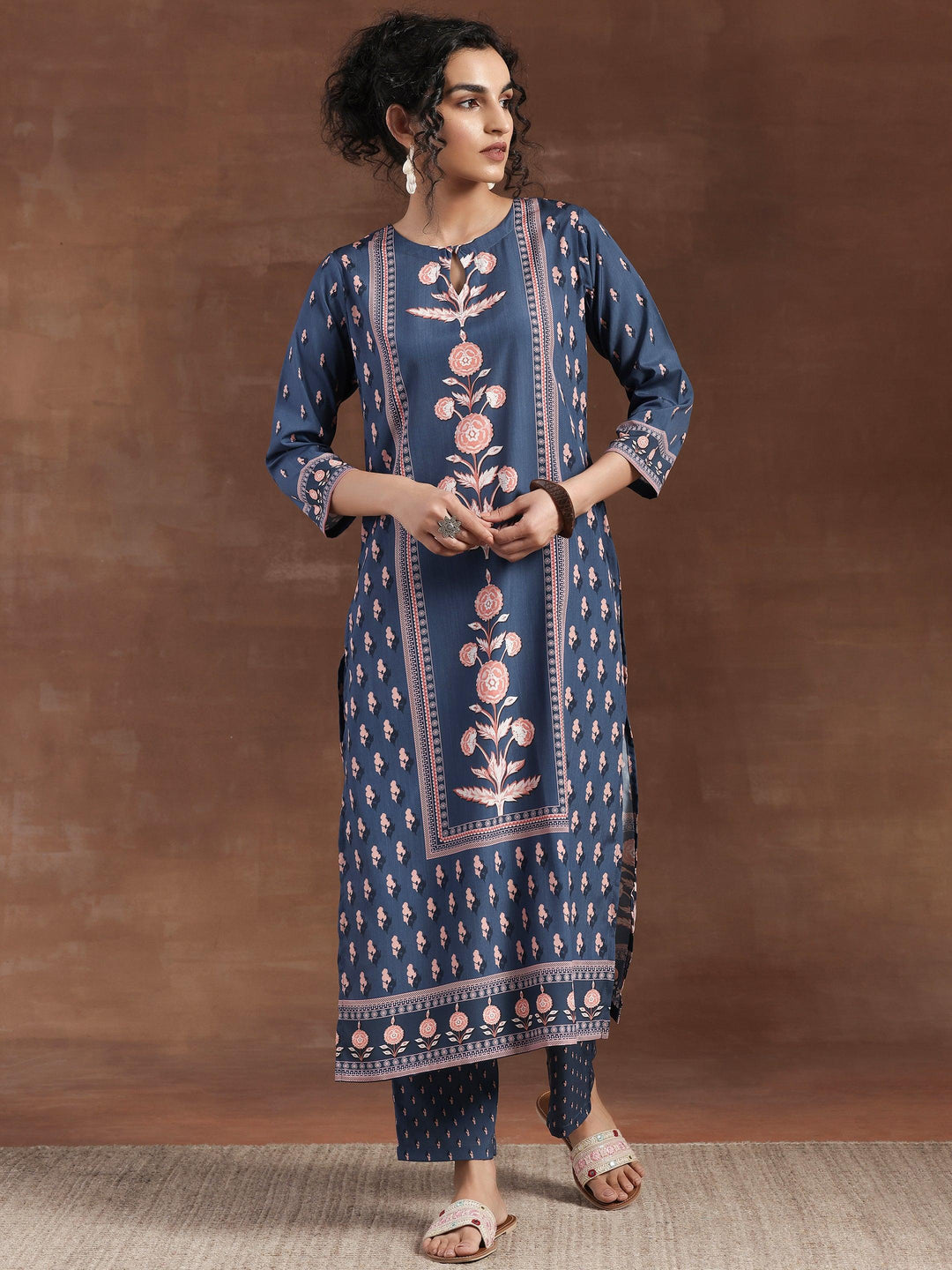 Blue Printed Poly Crepe Straight Kurta Set - Libas 