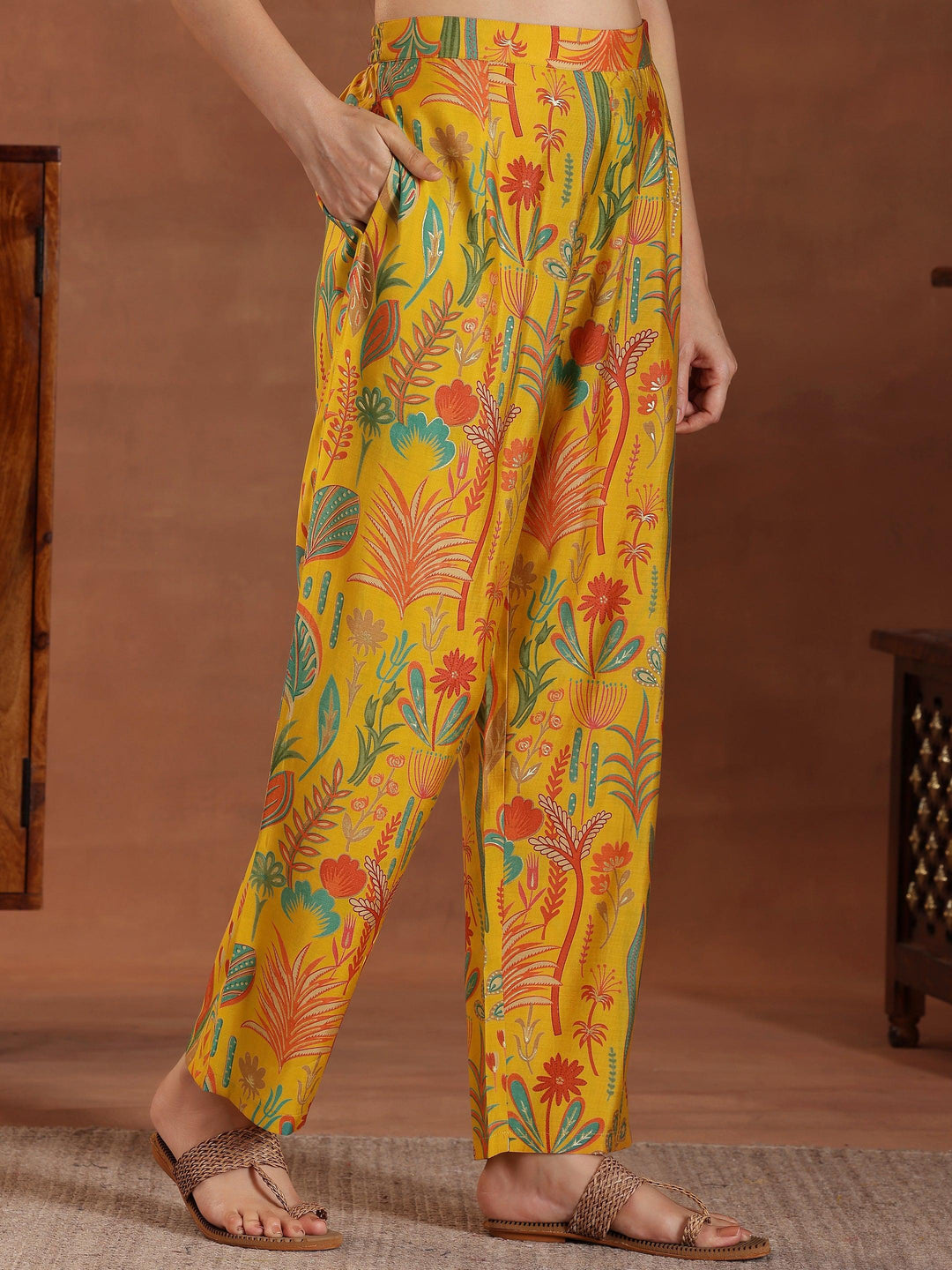 Yellow Printed Silk Blend Co-Ords - Libas