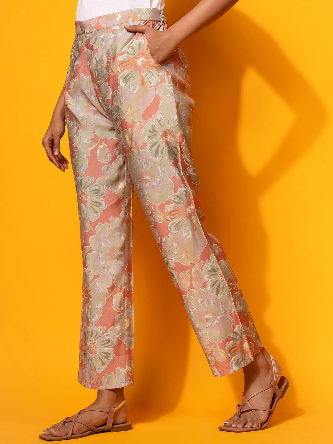 Peach Printed Silk Blend Co-Ords - Libas 