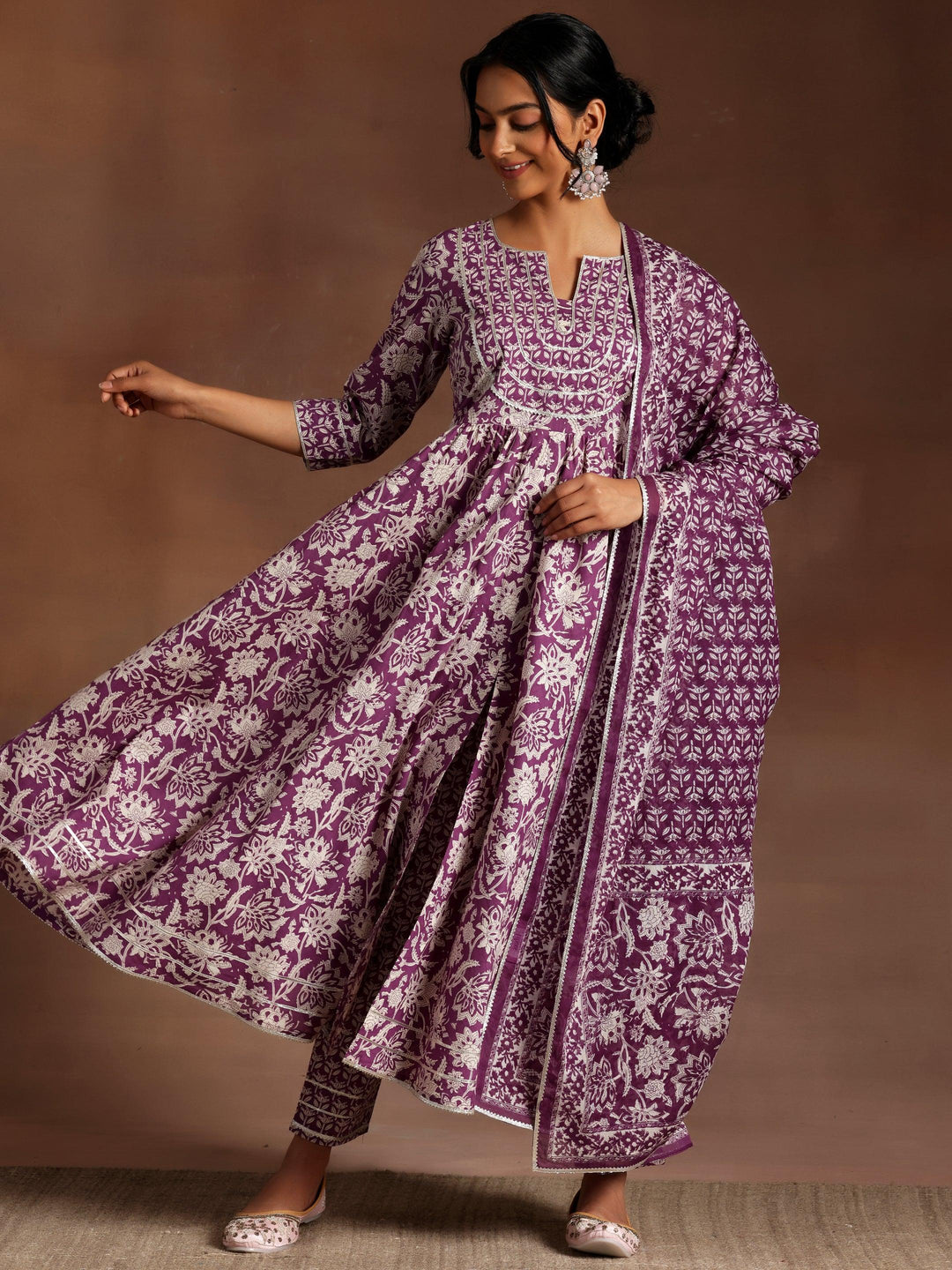 Purple Printed Cotton Anarkali Suit With Dupatta - Libas 