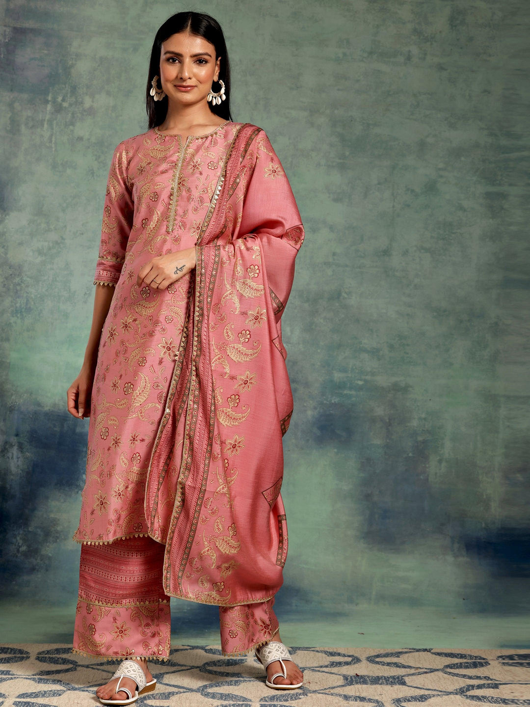 Pink Printed Silk Blend Straight Suit With Dupatta - Libas