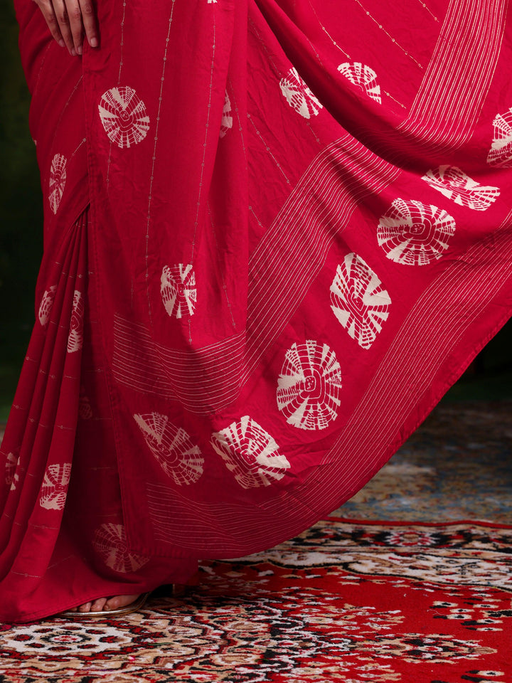 Red Printed Poly Chiffon Saree With Unstitched Blouse Piece - Libas