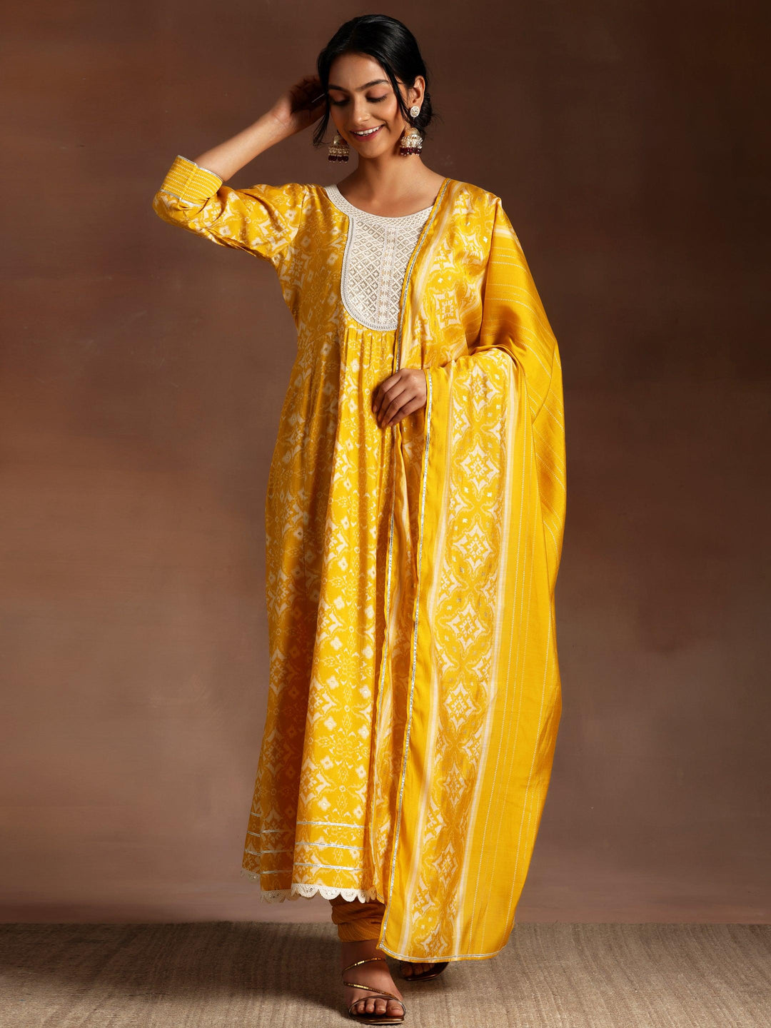 Mustard Printed Silk Blend Anarkali Suit With Dupatta - Libas 