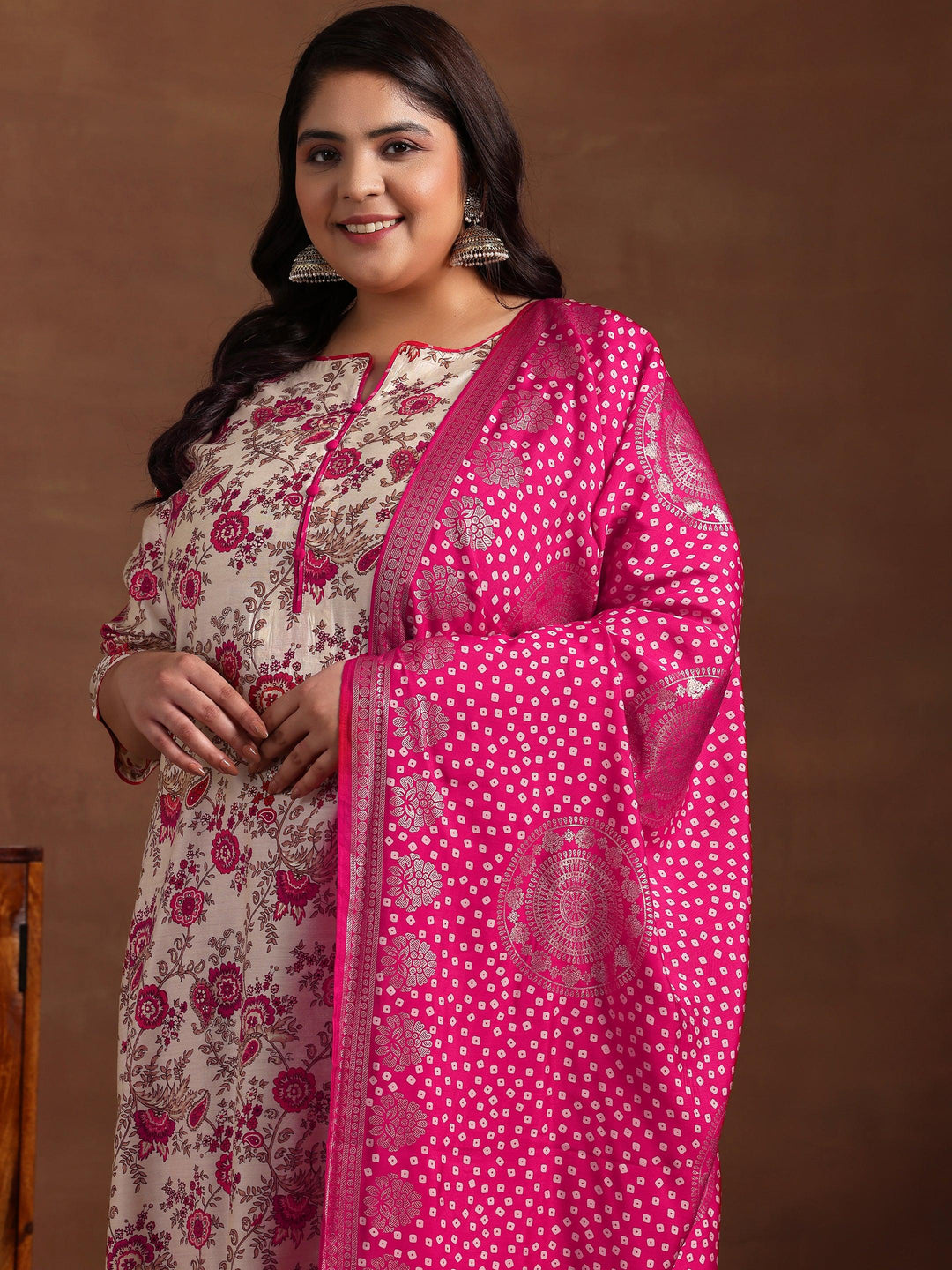 Plus Size Pink Printed Silk Blend Straight Suit With Dupatta - Libas 