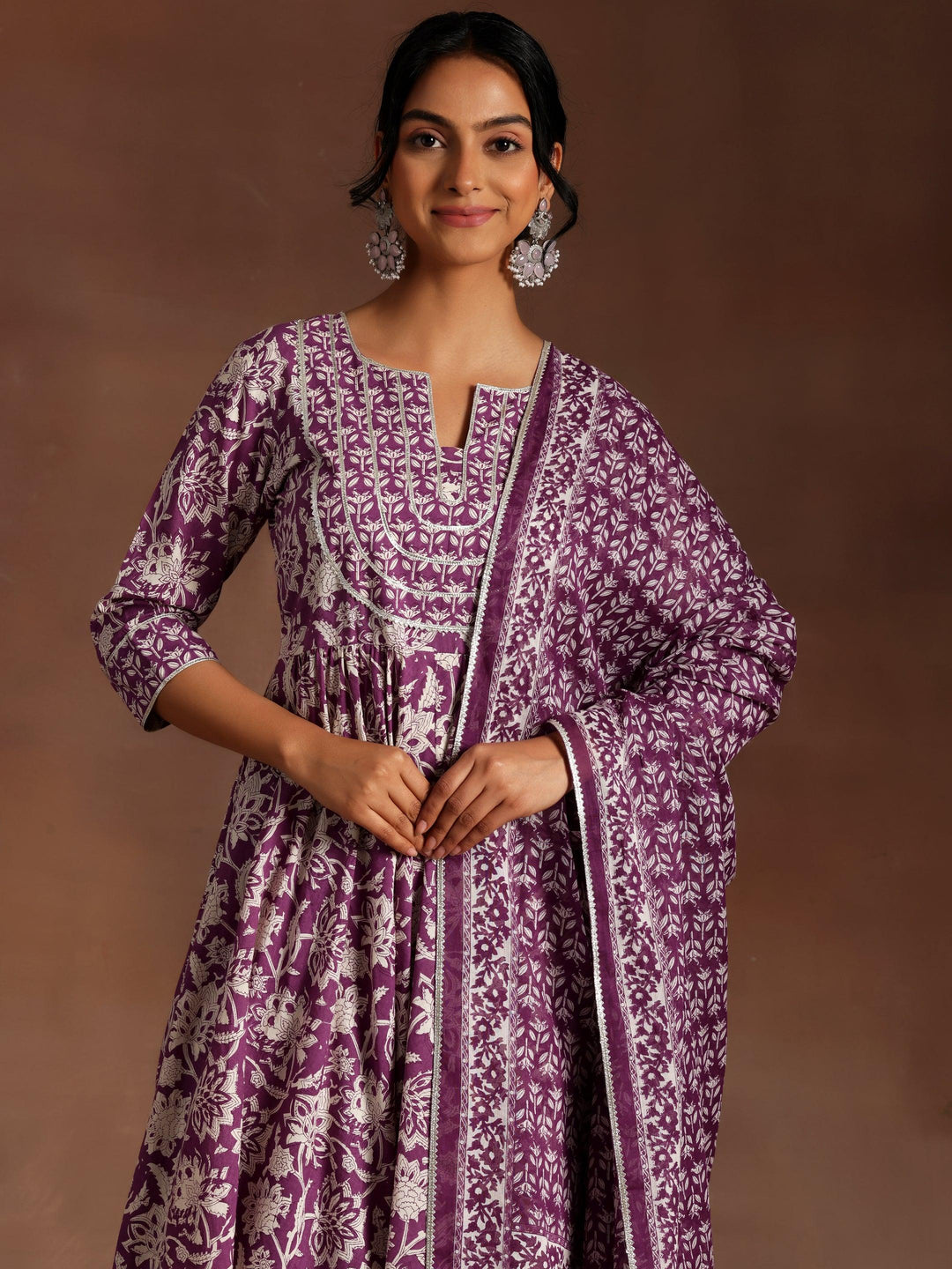 Purple Printed Cotton Anarkali Suit With Dupatta - Libas 