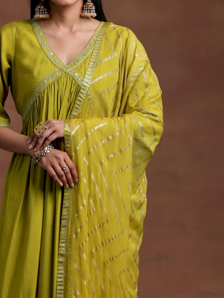 Olive Solid Silk Blend A-Line Kurta With Trousers & Dupatta - Libas