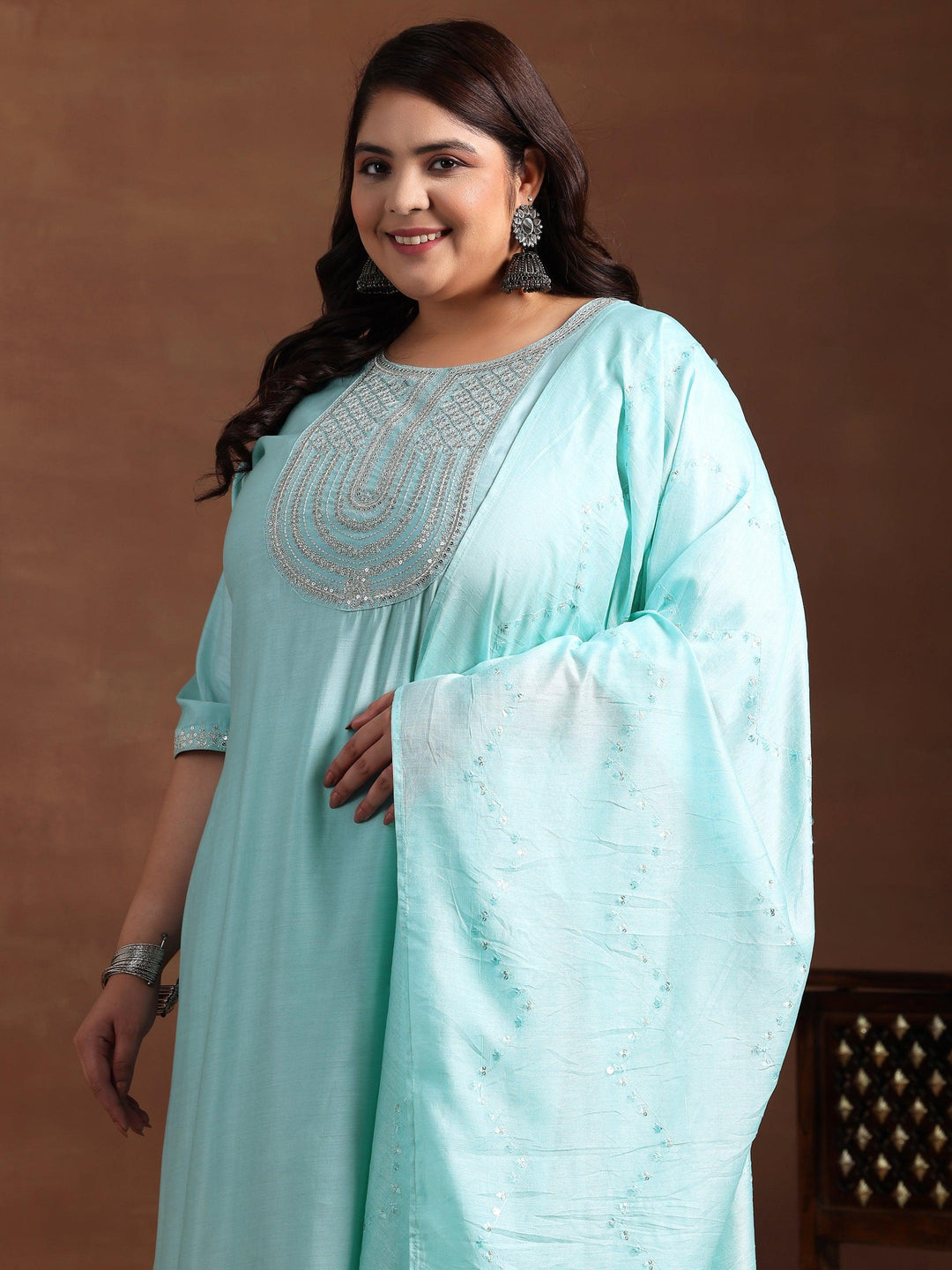 Plus Size Blue Yoke Design Silk Blend Straight Suit With Dupatta - Libas 