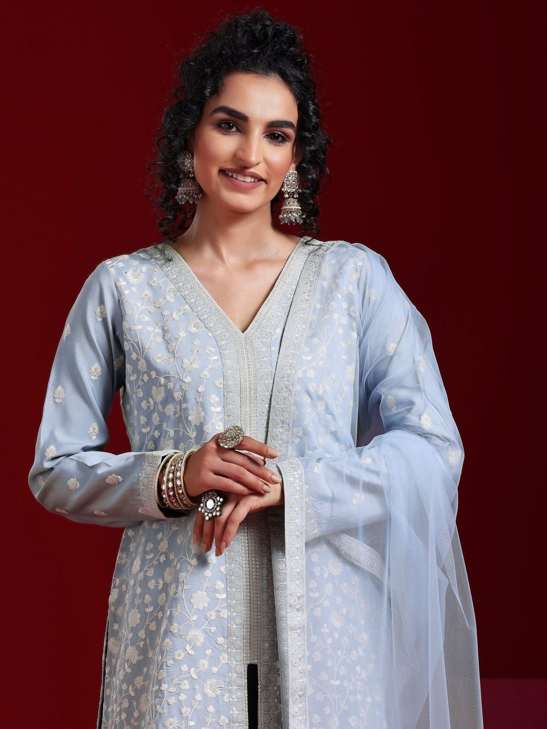 Libas Art Grey Embroidered Silk Blend Straight Suit With Dupatta - Libas 