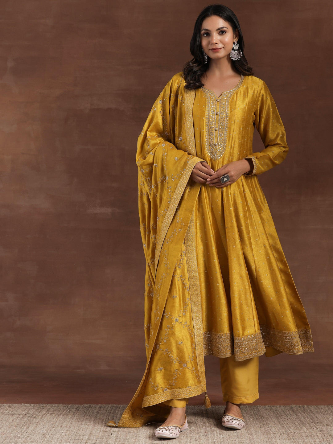 Mustard Embroidered Silk Blend A-Line Kurta With Palazzos & Dupatta - Libas