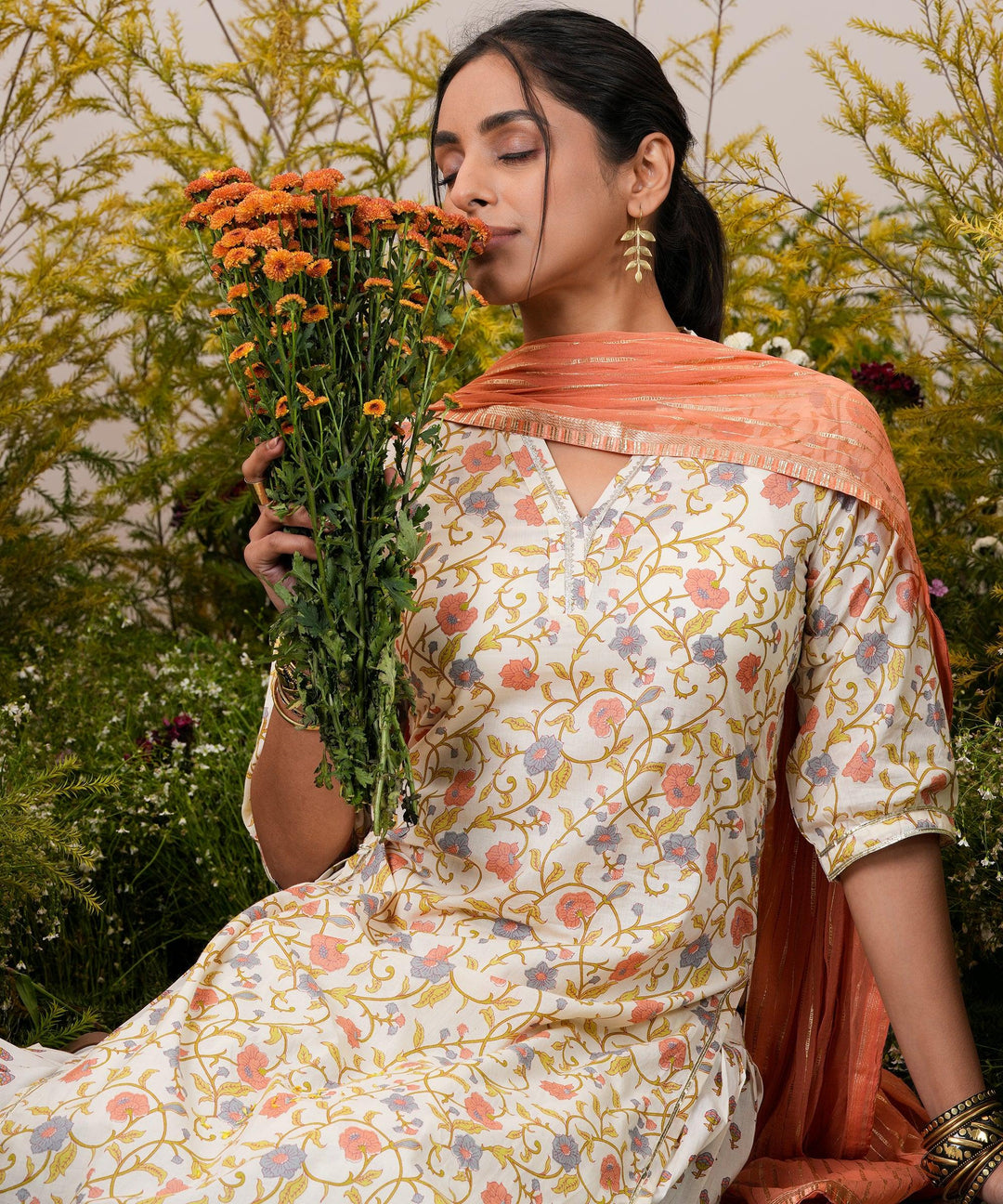 Off White Printed Cotton Straight Suit With Dupatta - Libas 