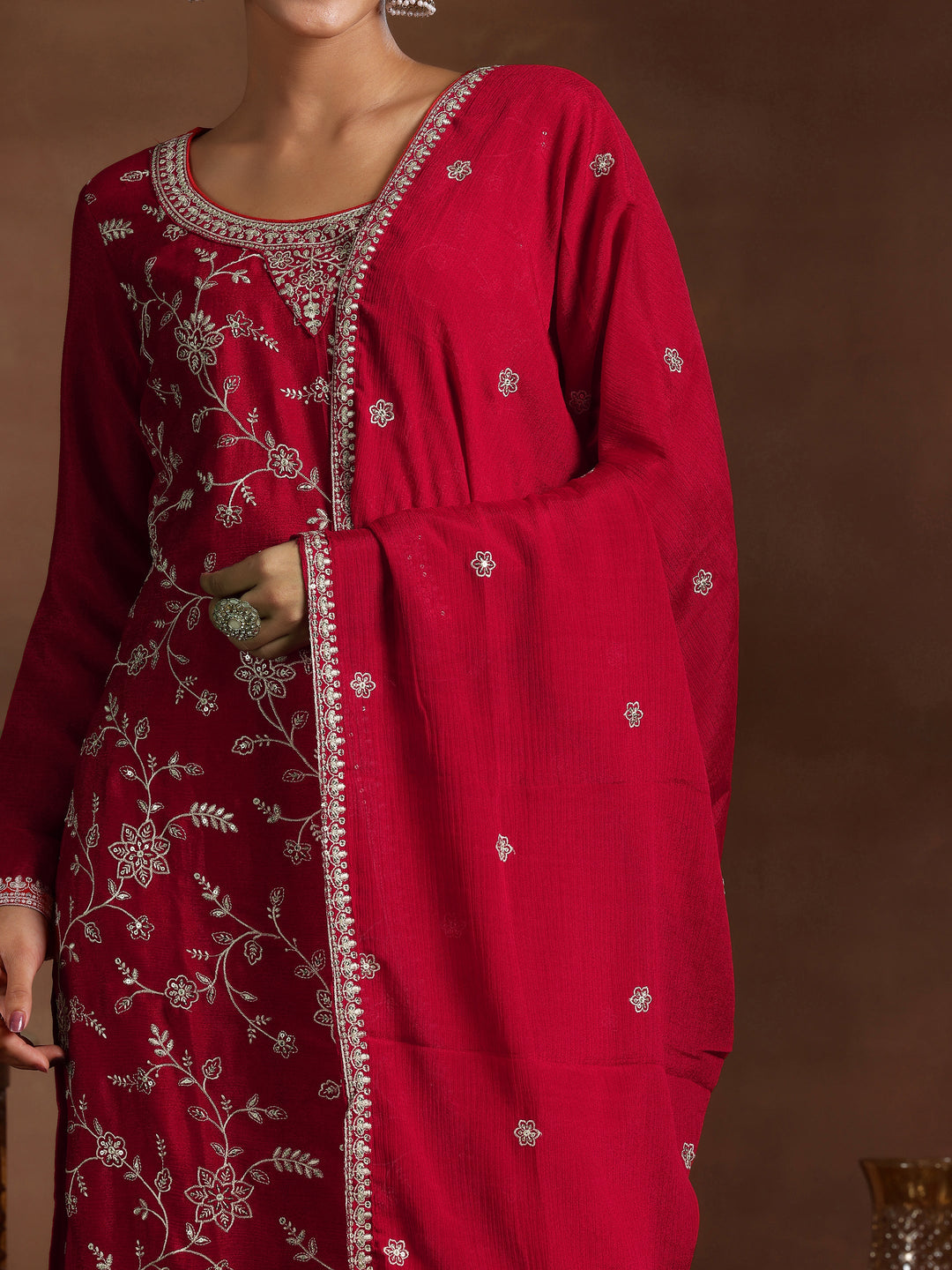  Red Embroidered Silk Blend Straight Suit With Dupatta 