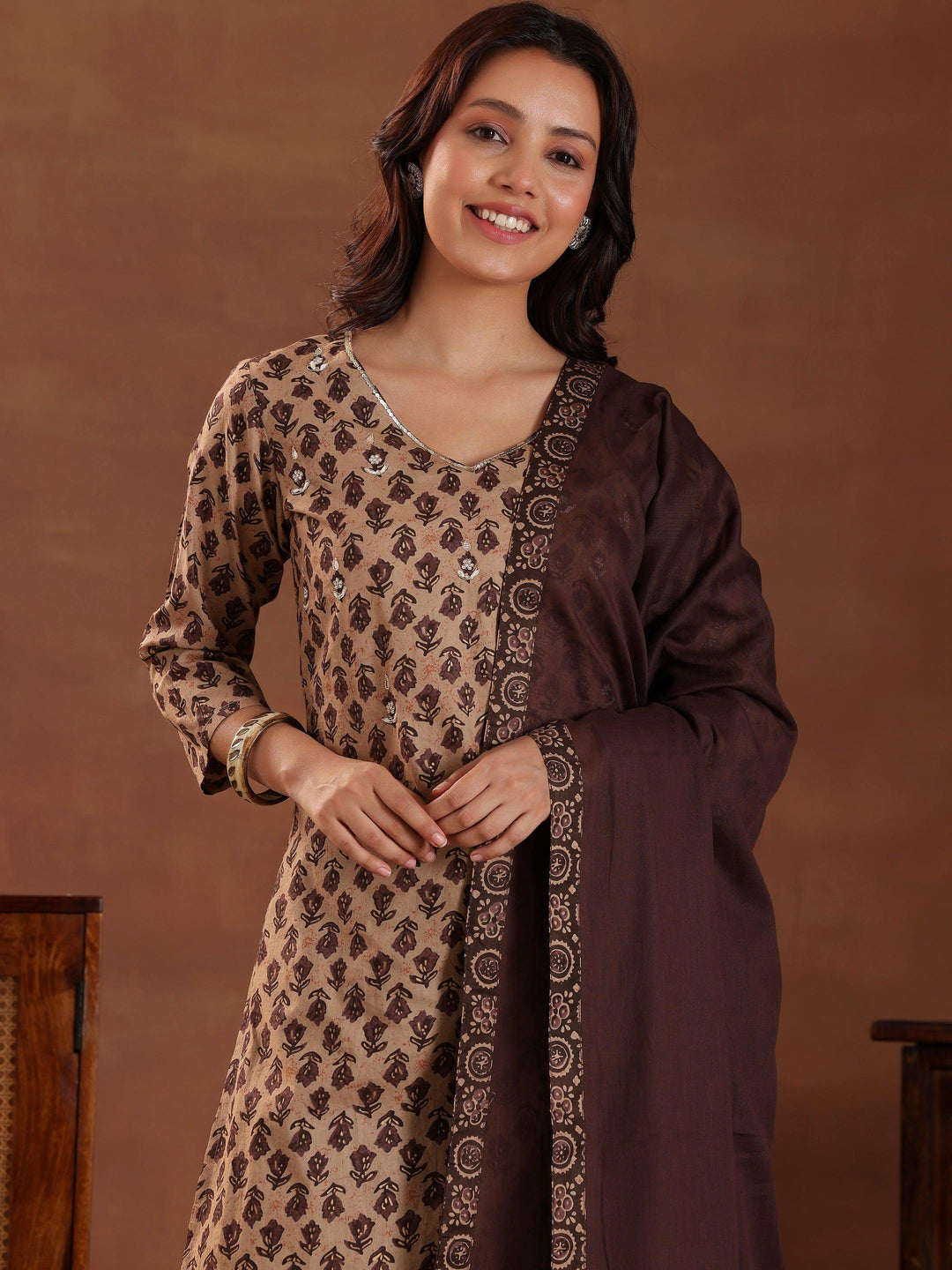 Brown Printed Cotton Straight Suit With Dupatta - Libas 