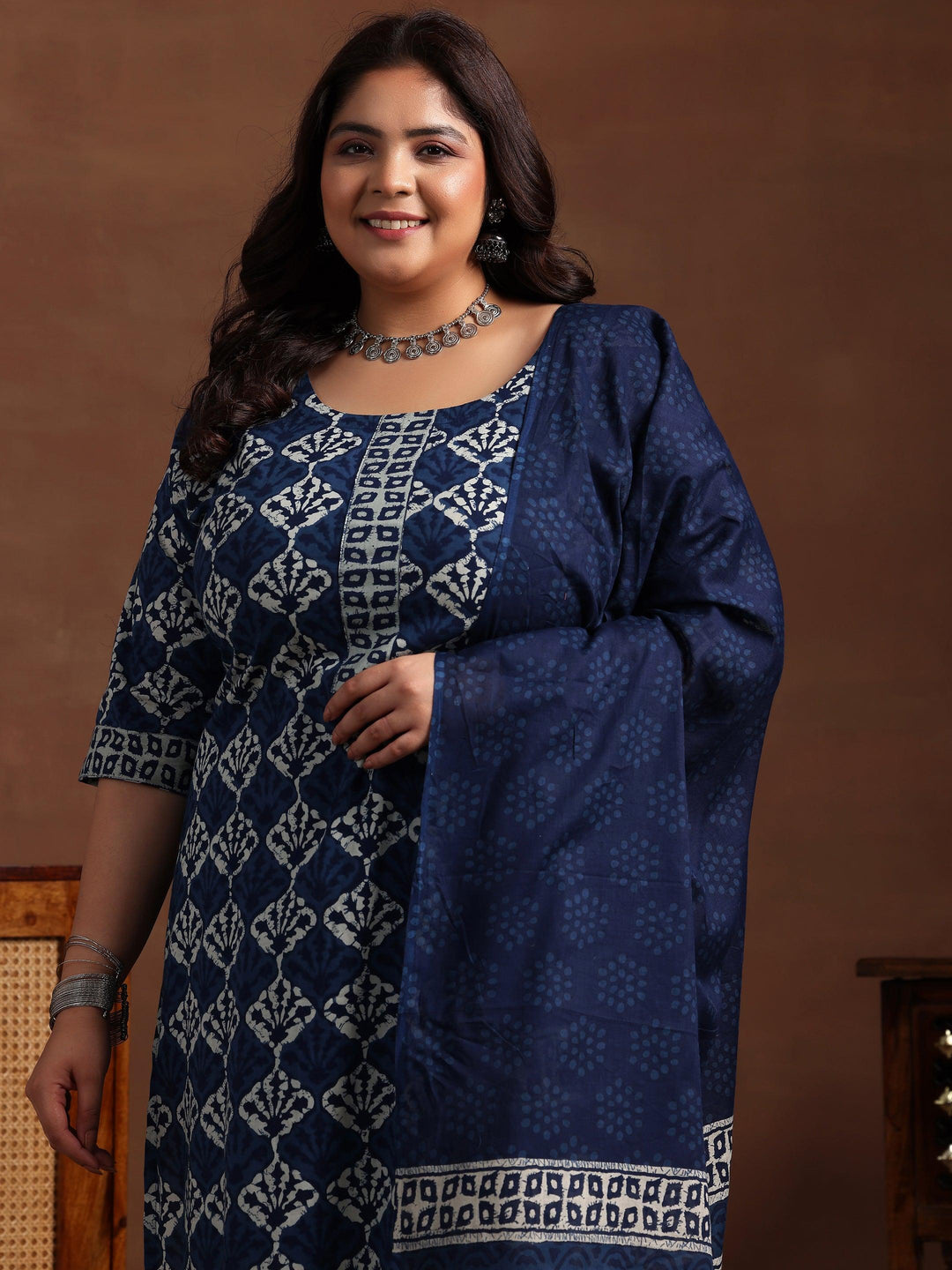 Plus Size Blue Printed Cotton Straight Suit With Dupatta - Libas