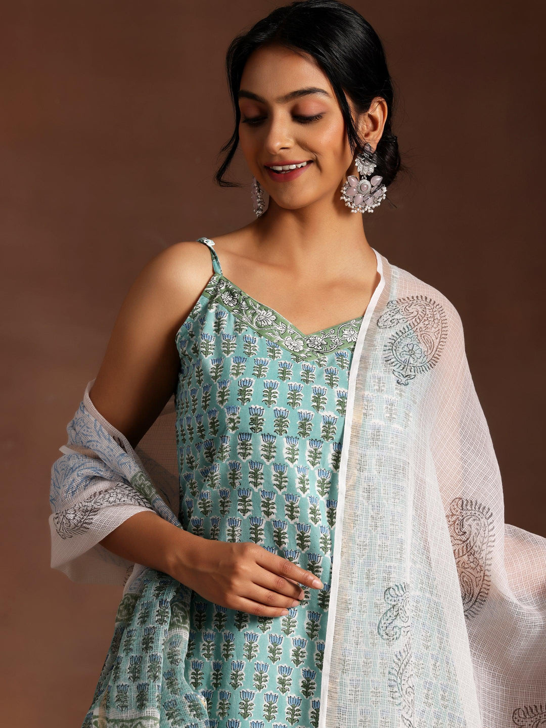 Green Printed Cotton Straight Suit With Dupatta - Libas 