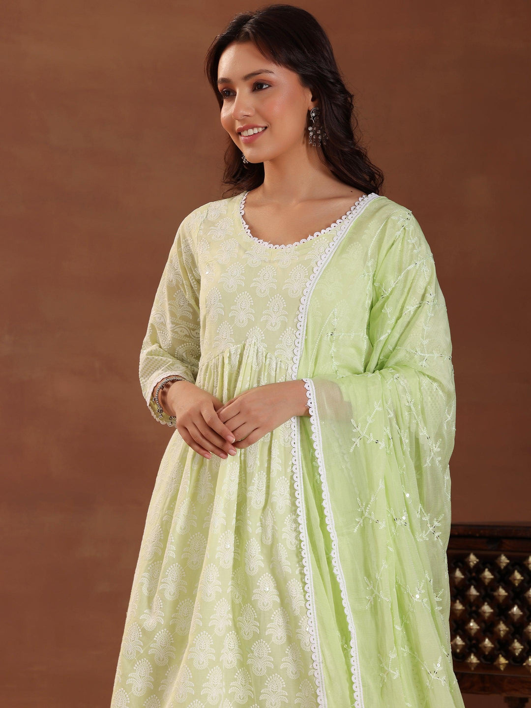 Green Embroidered Pure Cotton A-Line Kurta With Sharara & Dupatta - Libas 