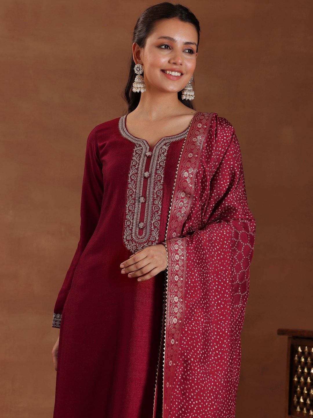 Maroon Embroidered Silk Blend Straight Suit With Dupatta - Libas 