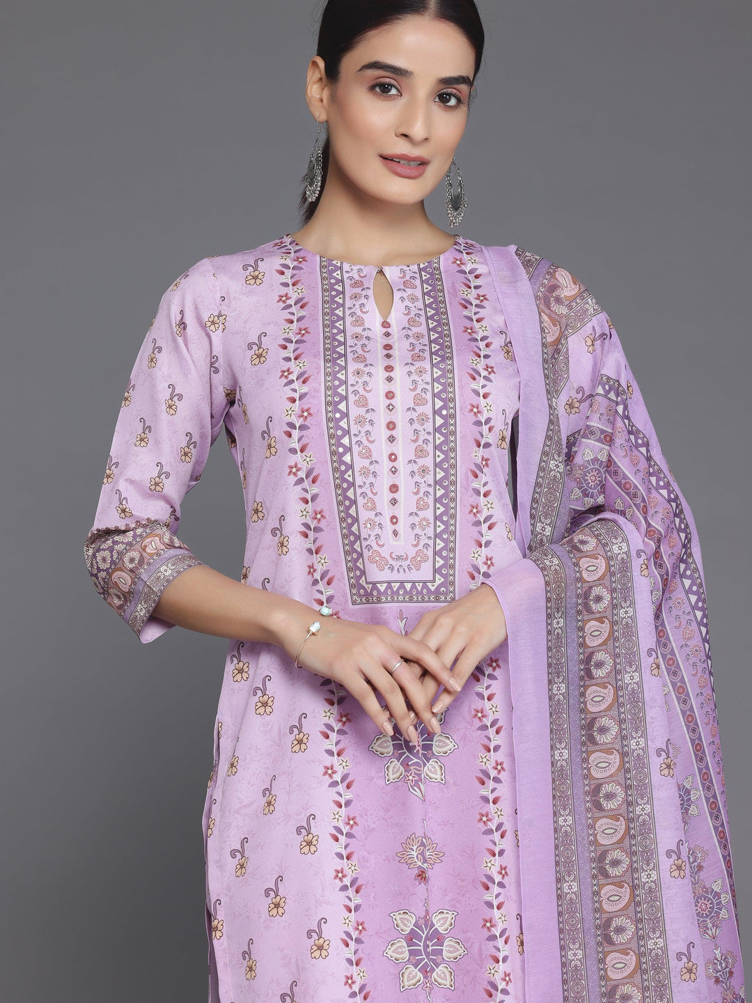 Pink Printed Poly Crepe Straight Suit With Dupatta - Libas