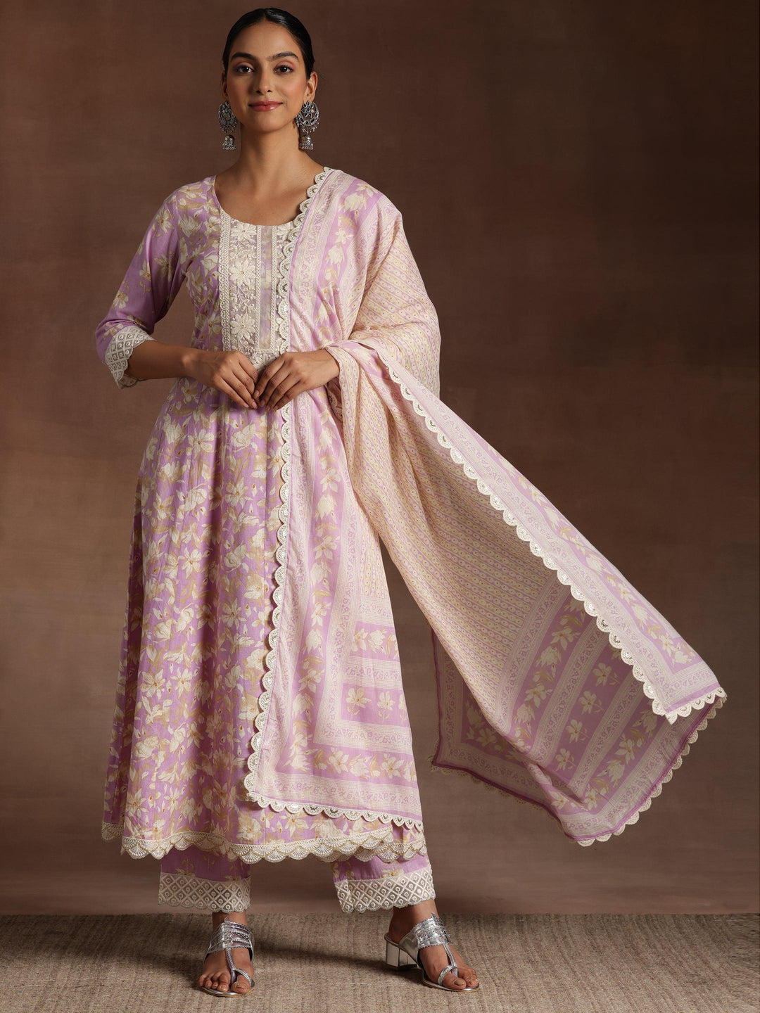 Dilbaro Purple Printed Cotton A-Line Kurta With Trousers & Dupatta - Libas 