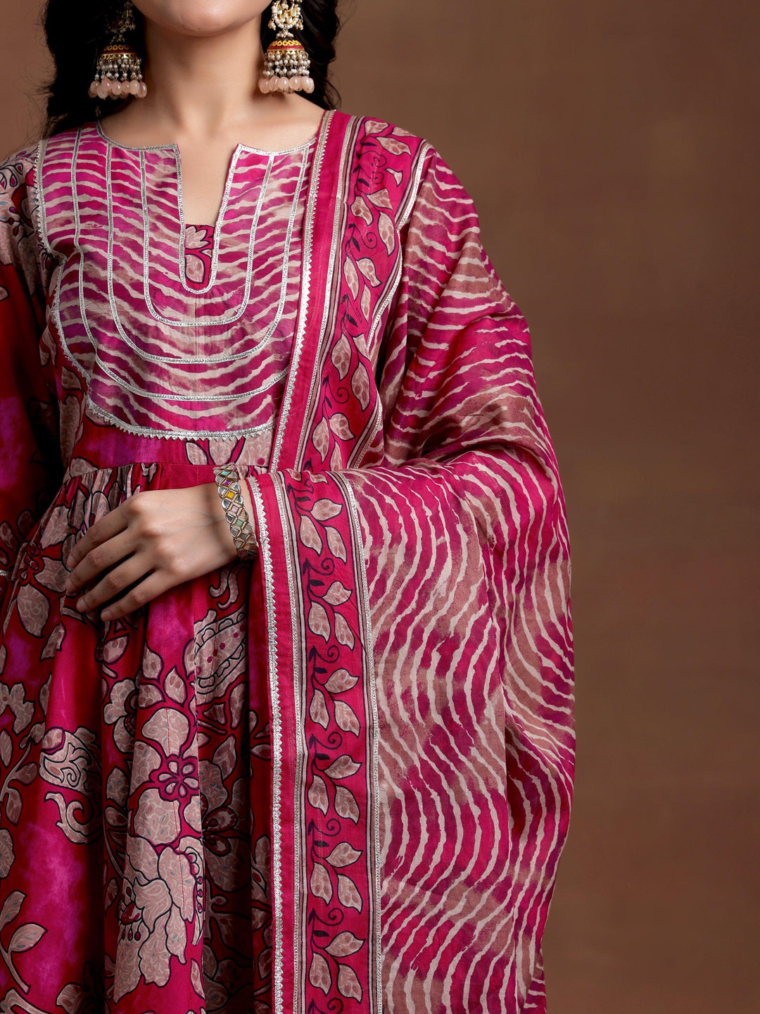 Magenta Printed Cotton Anarkali Suit With Dupatta - Libas 