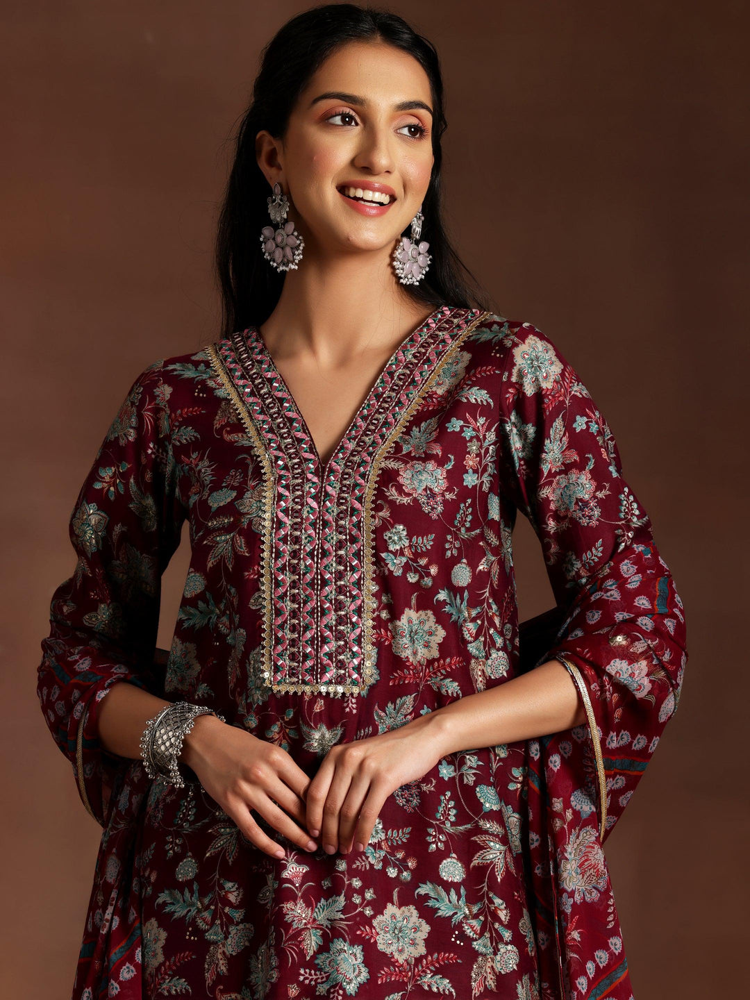 Burgundy Printed Silk Blend Straight Suit With Dupatta - Libas 