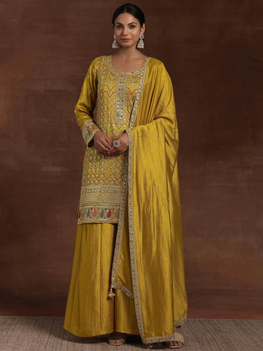 Mustard Embroidered Silk Blend Straight Kurta With Palazzos & Dupatta - Libas 