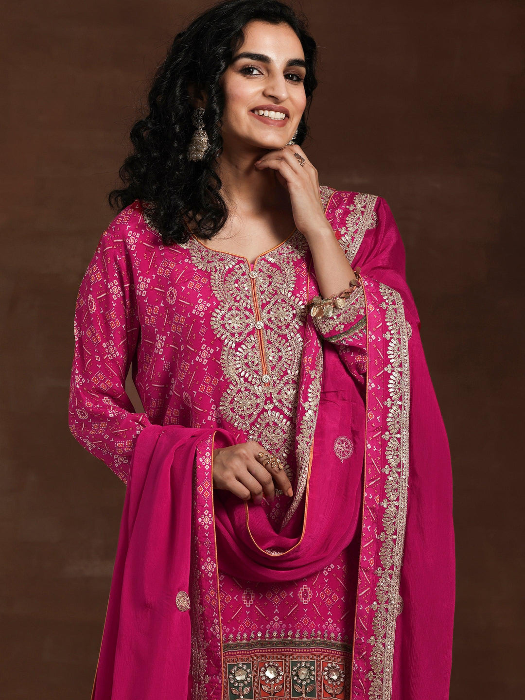 Libas Art Pink Printed Silk Blend Straight Suit With Dupatta - Libas