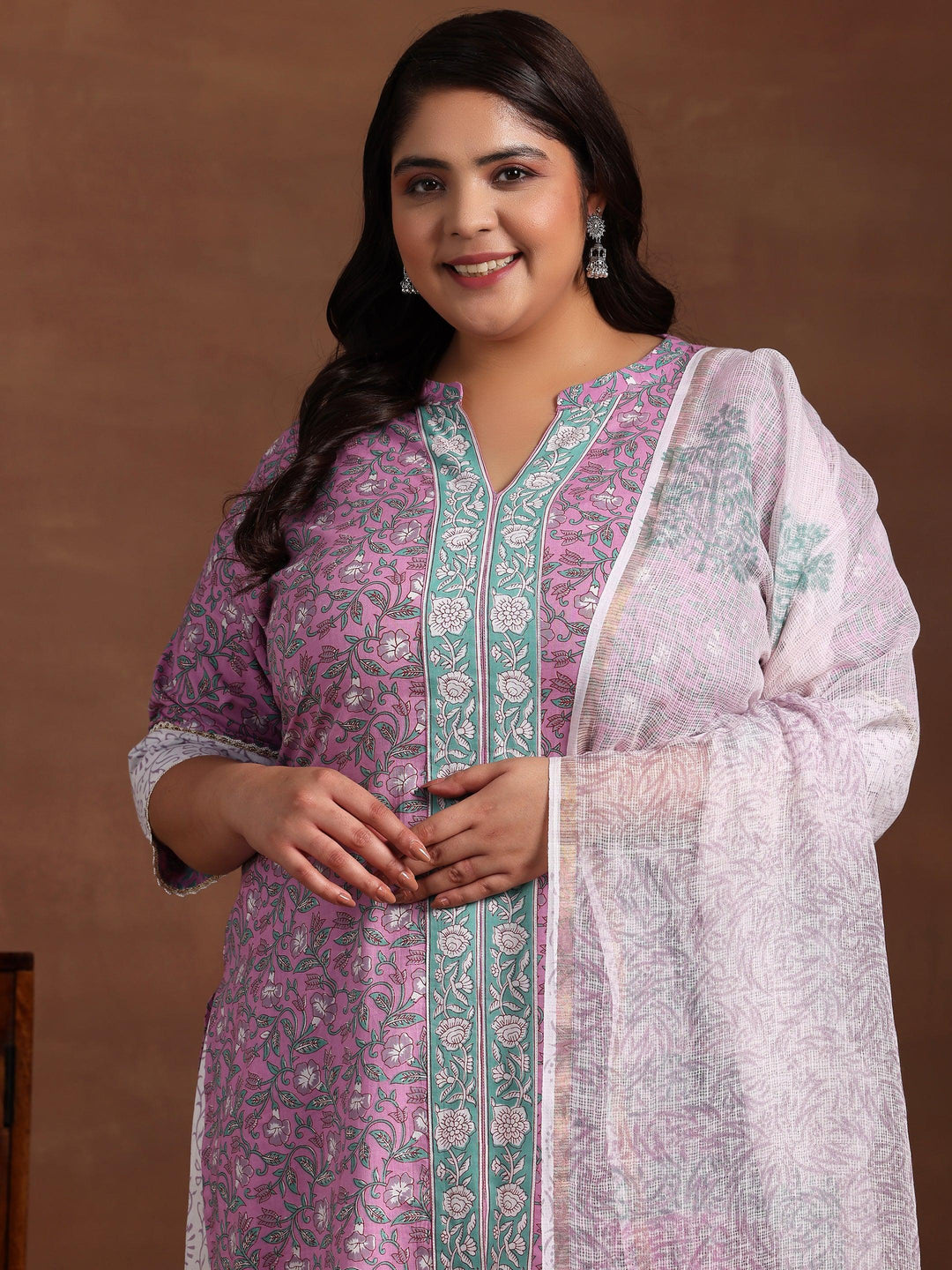 Plus Size Pink Printed Cotton Straight Suit With Dupatta - Libas