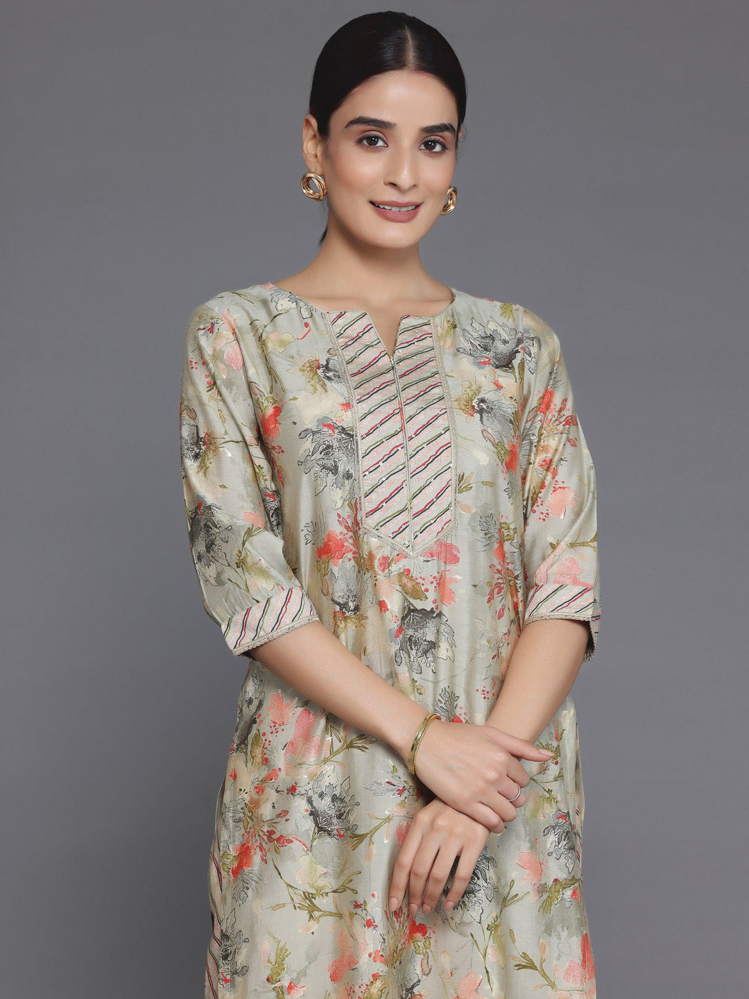 Grey Printed Silk Blend Straight Kurta Set - Libas 