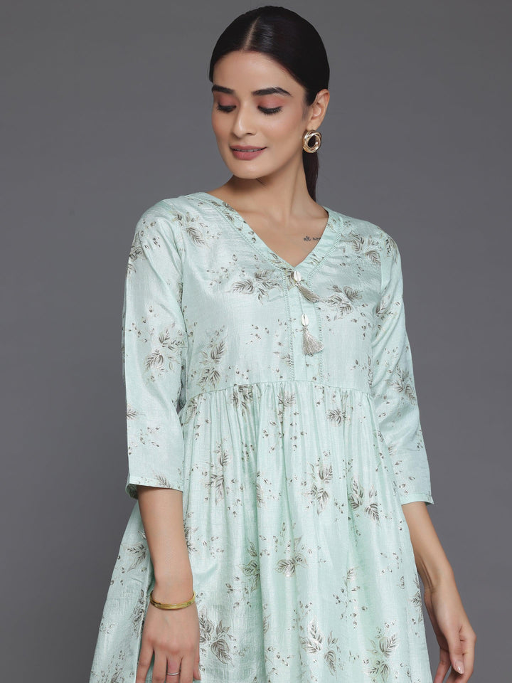 Sea Green Printed Silk Blend A-Line Kurta With Salwar - Libas