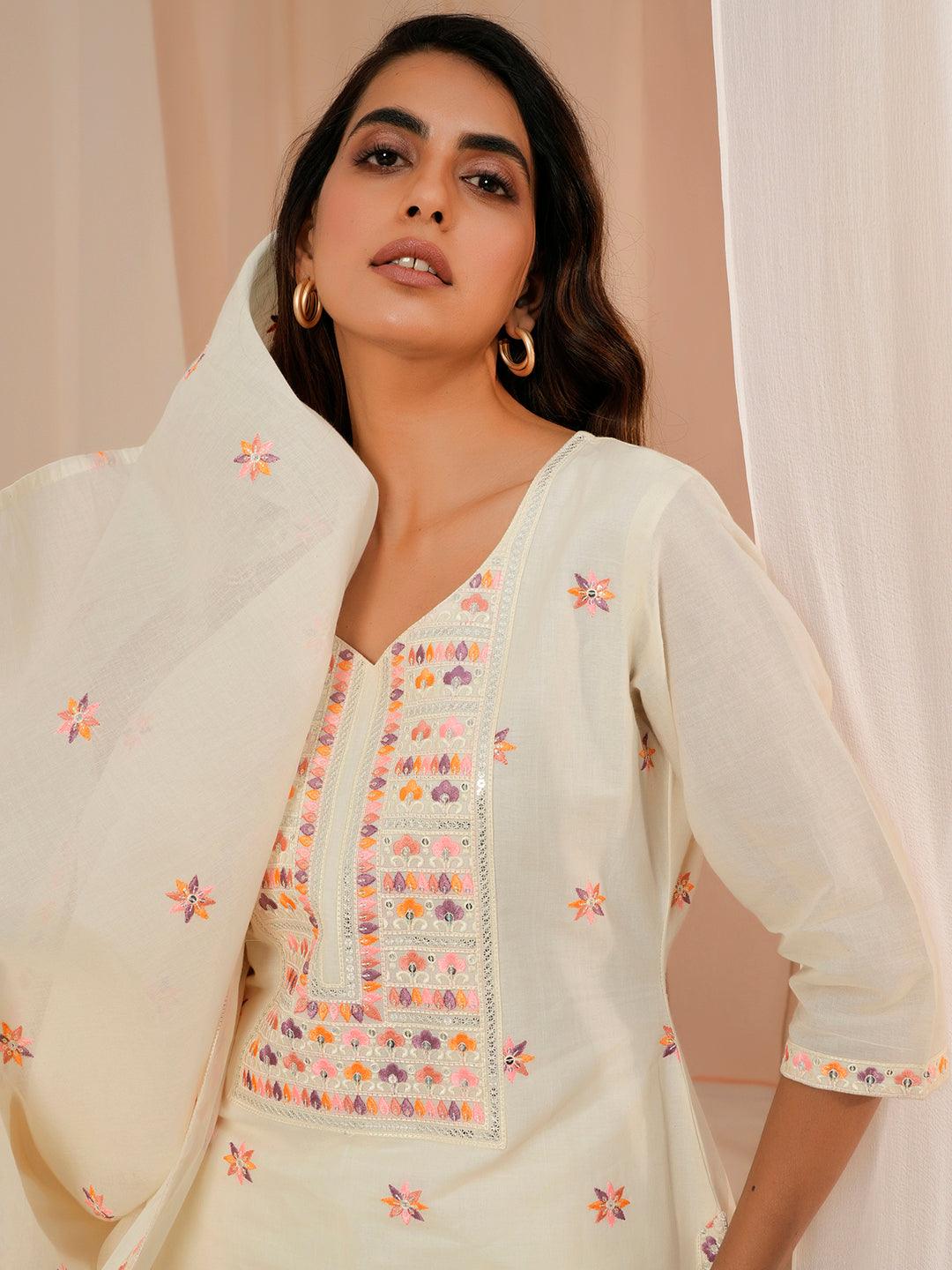 Off White Embroidered Cotton Straight Suit With Dupatta - Libas 