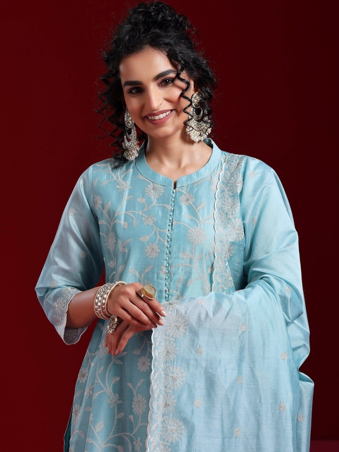 Libas Art Blue Embroidered Chanderi Silk Straight Suit With Dupatta - Libas 