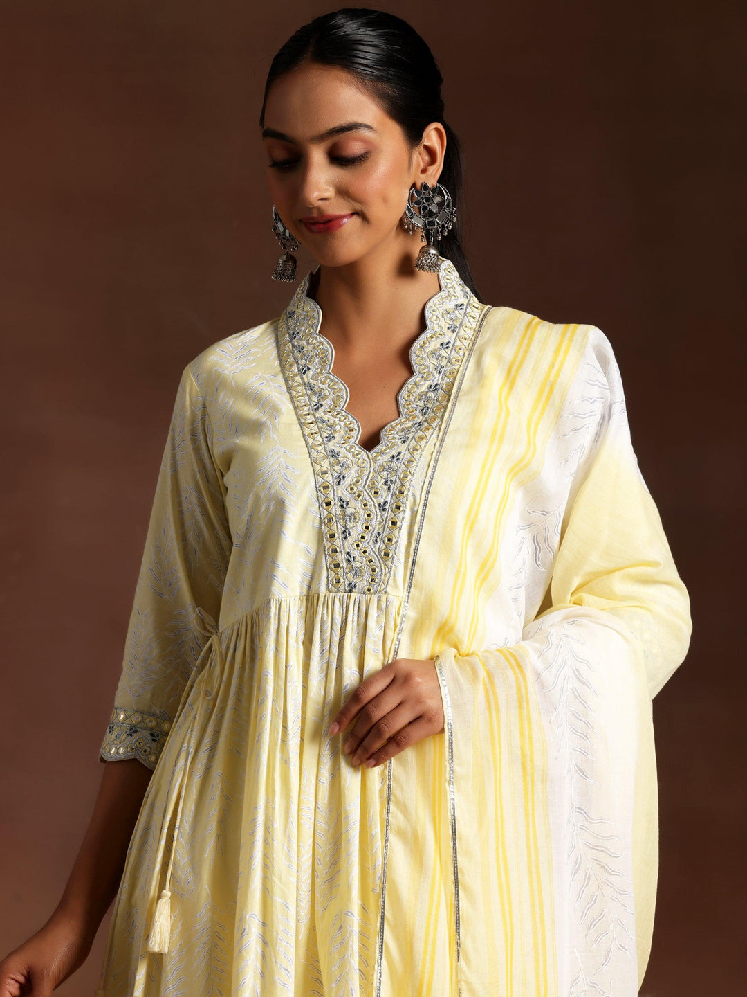 Mahnoor Yellow Printed Cotton A-Line Kurta With Palazzos & Dupatta - Libas 