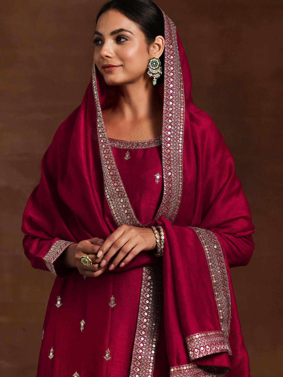 Pink Embroidered Silk Blend Straight Suit With Dupatta - Libas