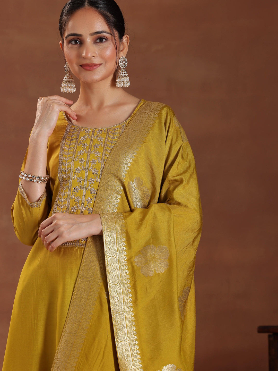 Mustard Yoke Design Silk Blend Straight Suit With Dupatta - Libas 