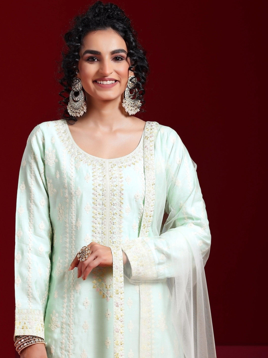 Libas Art Sea Green Embroidered Silk Blend Straight Suit With Dupatta - Libas 