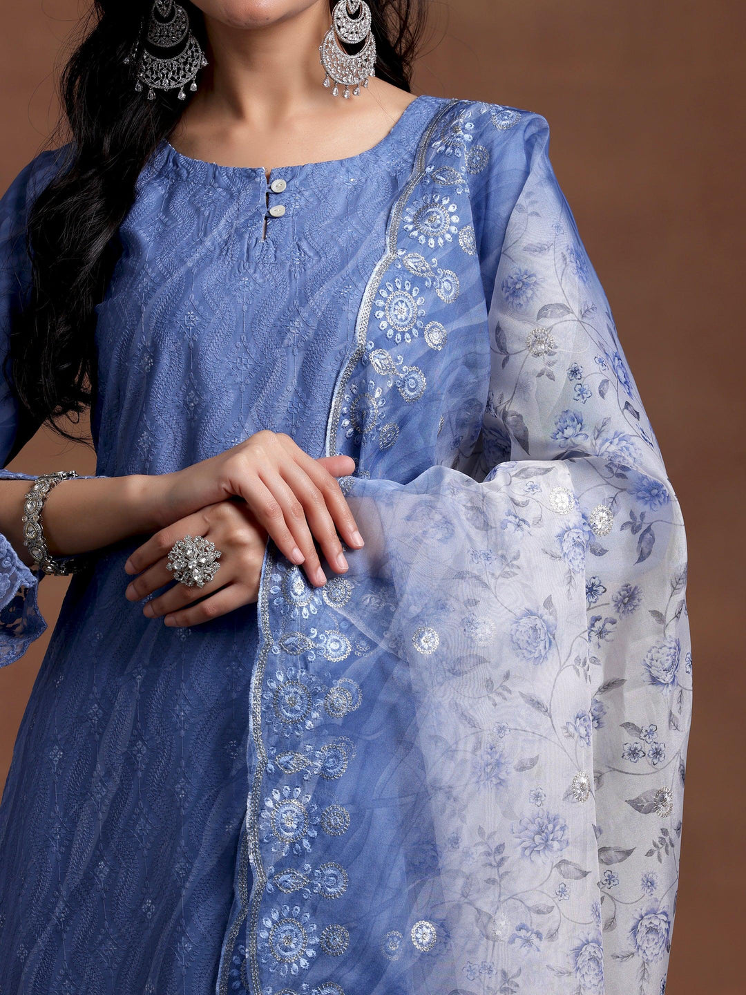 Blue Embroidered Silk Blend Straight Suit With Dupatta - Libas