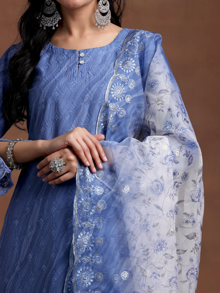 Blue Embroidered Silk Blend Straight Suit With Dupatta - Libas