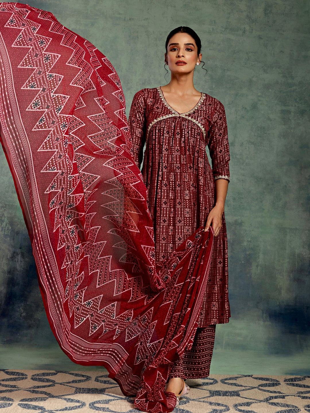 Maroon Printed Silk Blend A-Line Kurta With Palazzos & Dupatta - Libas