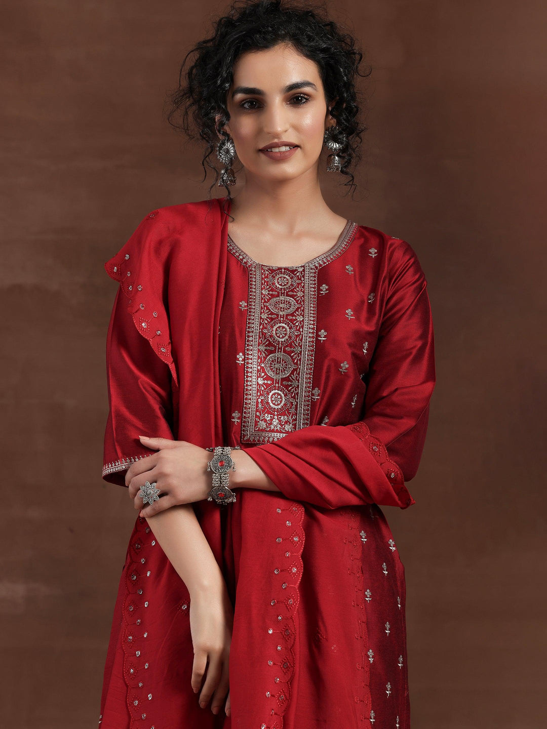 Red Embroidered Silk Blend Straight Suit With Dupatta - Libas 