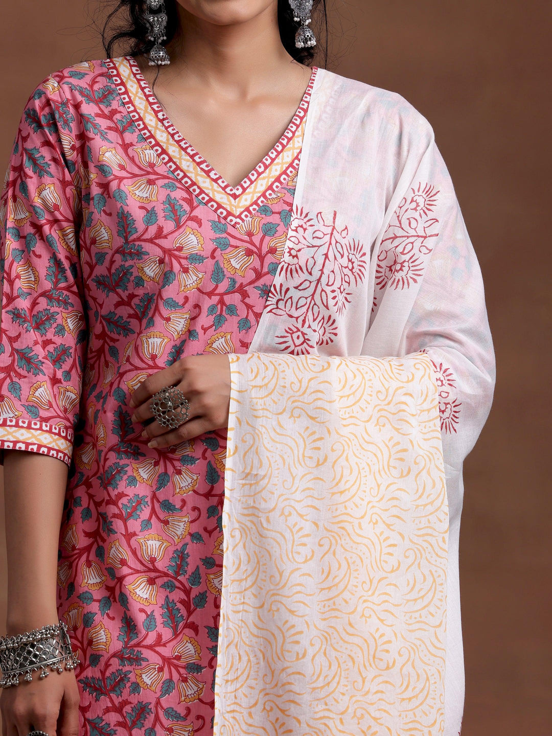 Pink Printed Cotton Straight Suit With Dupatta - Libas 