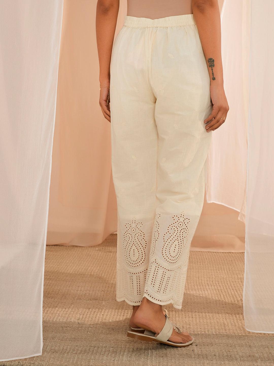 Off White Embroidered Cotton Straight Fit Palazzos - Libas 