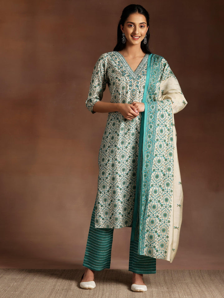 Blue Printed Silk Blend Straight Suit With Dupatta - Libas