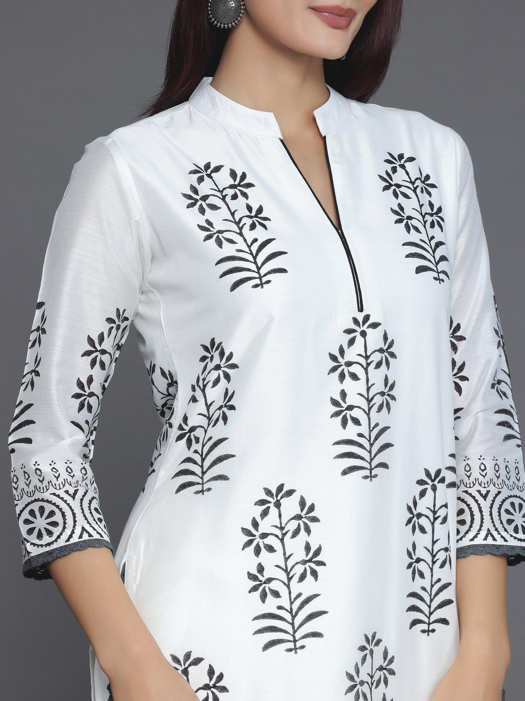 White Printed Chanderi Silk Straight Suit With Dupatta - Libas 