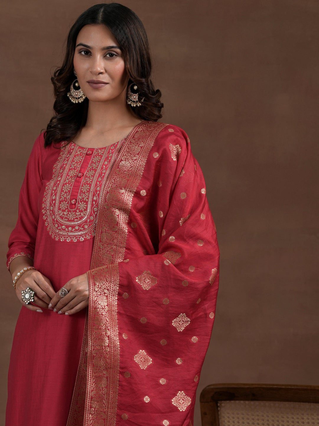 Pink Yoke Design Silk Blend Straight Suit With Dupatta - Libas 