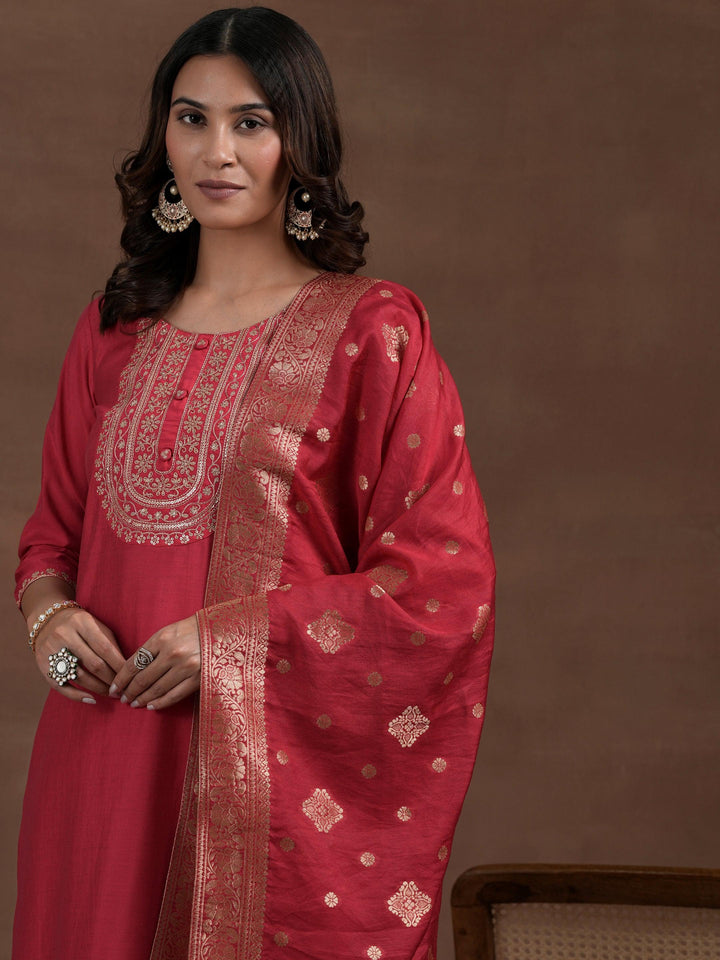 Pink Yoke Design Silk Blend Straight Suit With Dupatta - Libas