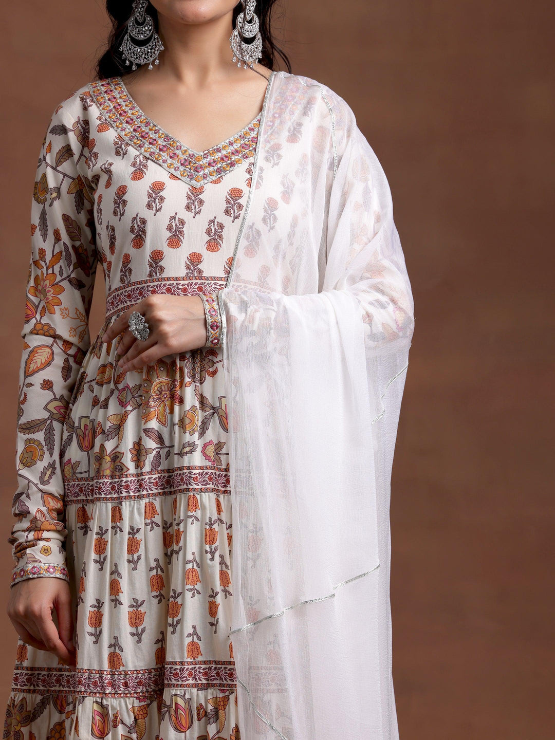 Off white Printed Cotton A-Line Kurta With Palazzos & Dupatta - Libas 