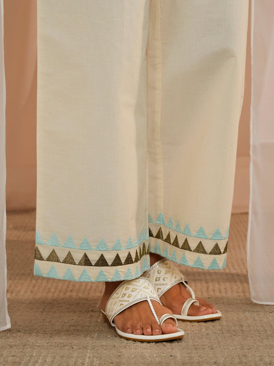 Off White Embroidered Cotton Straight Suit With Dupatta - Libas