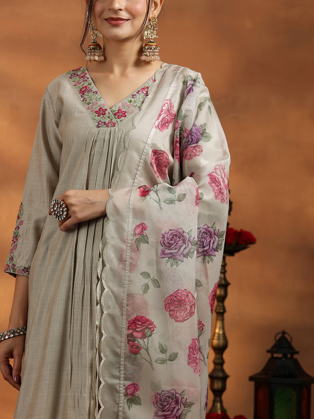  Beige Yoke Design Silk Blend Straight Suit With Dupatta 